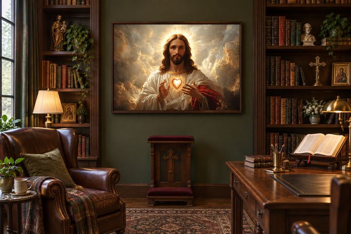 Sacred Heart of Jesus canvas print centered on a dark green wall in a traditional prayer room.