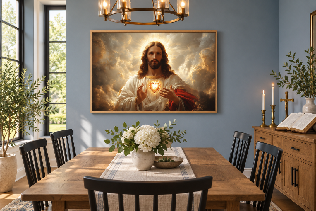 Sacred Heart of Jesus canvas print in a traditional dining room with a wooden table and blue walls.