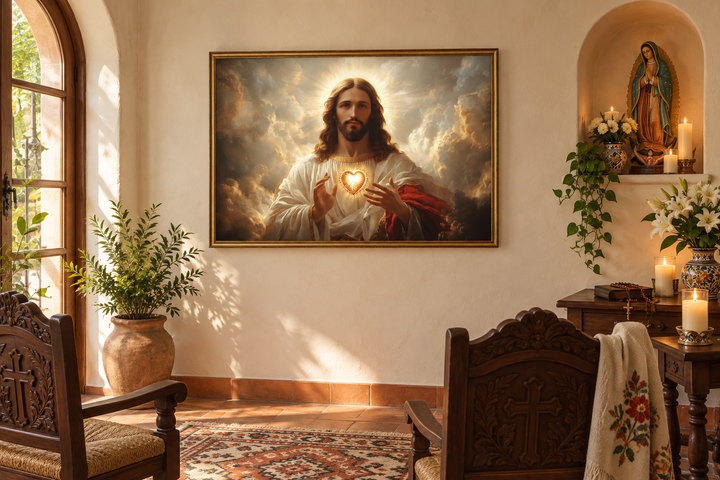 Sacred Heart of Jesus canvas print in a traditional prayer room with candles and religious icons.