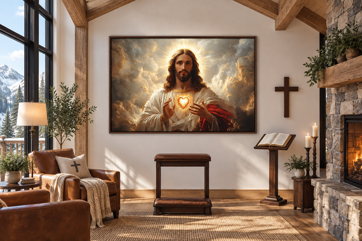 Sacred Heart of Jesus canvas print in a prayer room with a cross, fireplace, and wooden furniture.