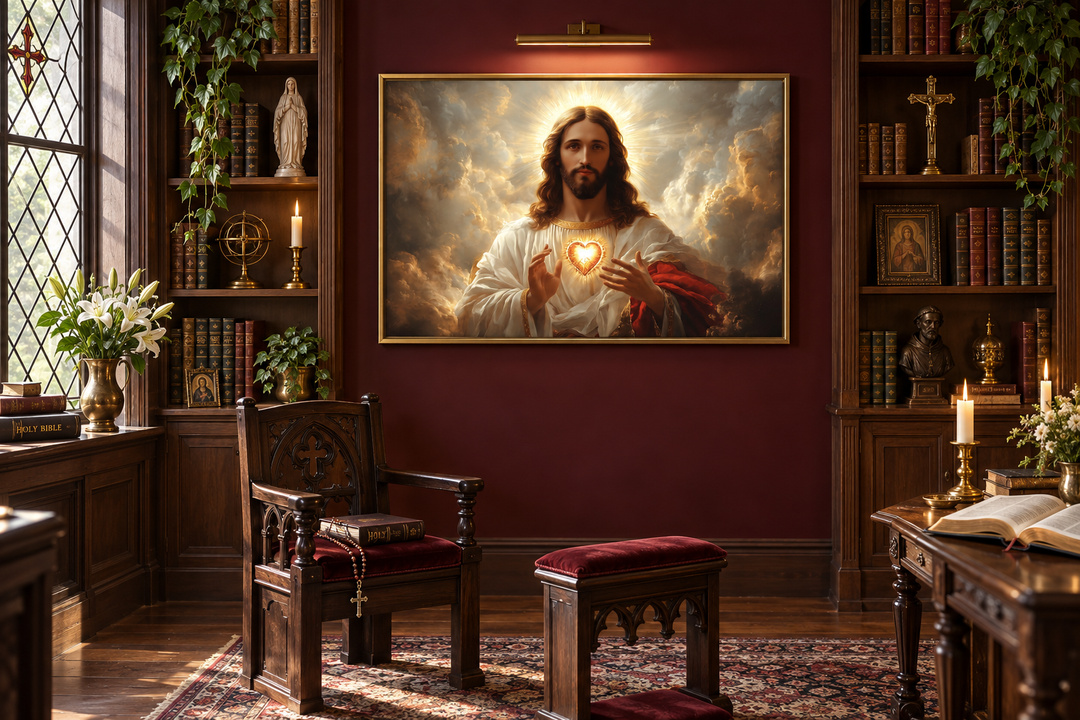 Sacred Heart of Jesus canvas print centered on a dark red wall in a traditional prayer room.