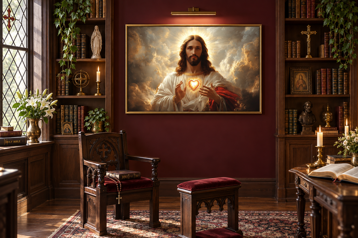 Sacred Heart of Jesus canvas print centered on a dark red wall in a traditional prayer room.