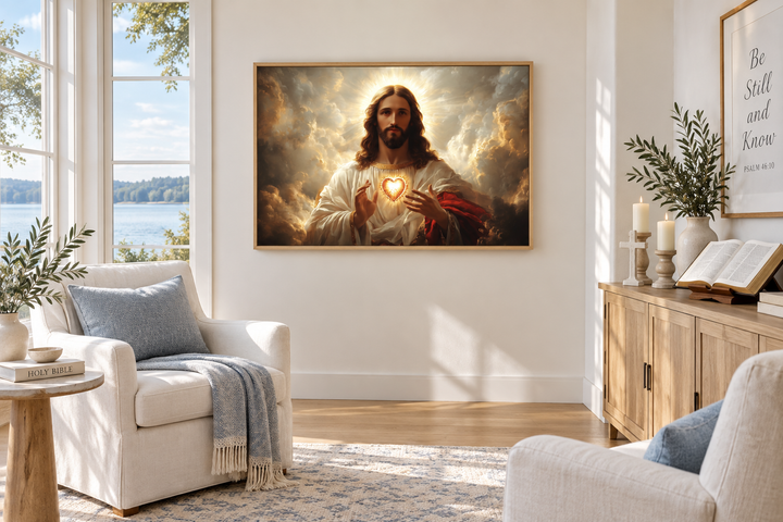 Sacred Heart of Jesus canvas print in a traditional style hanging in a bright, modern prayer room.