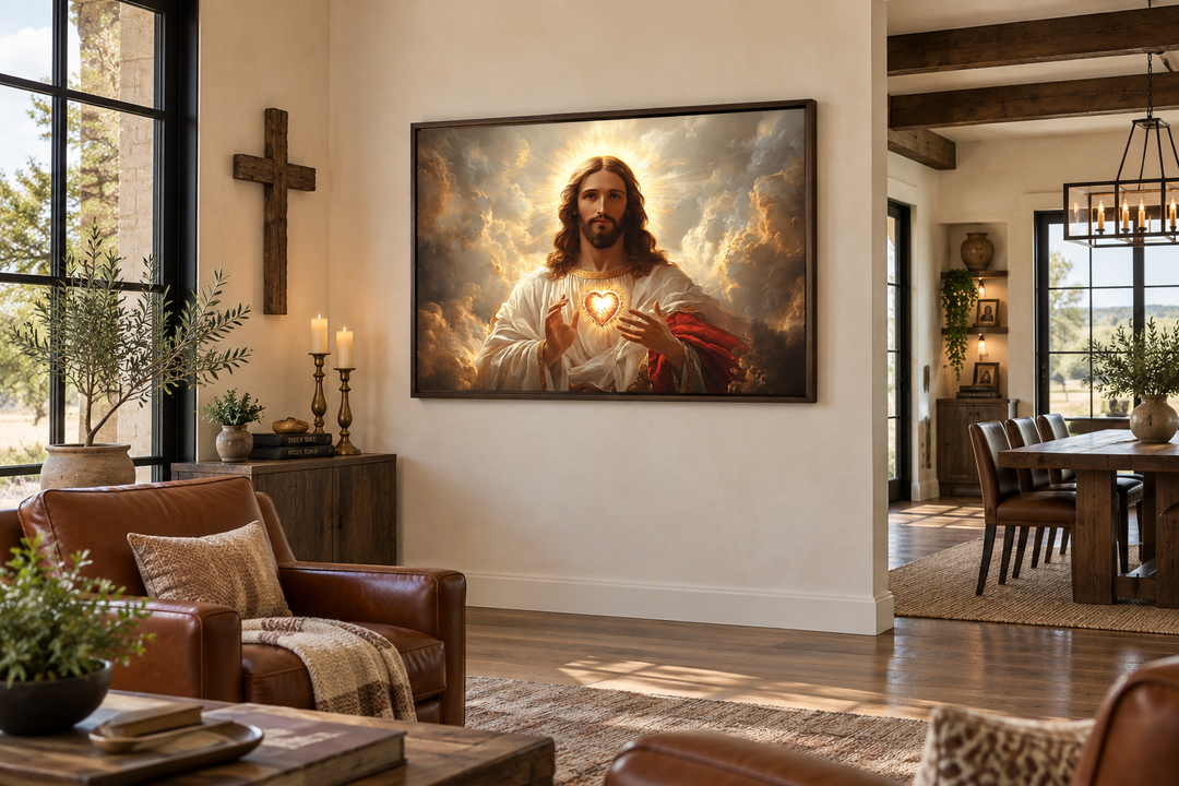 Sacred Heart of Jesus canvas print in a traditional frame, hung in a warm, rustic living room.