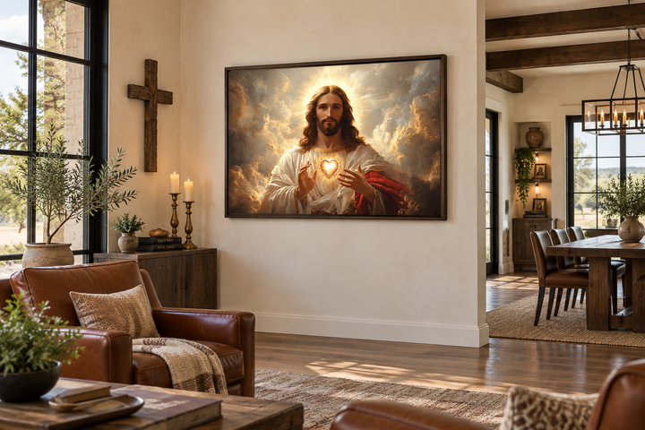 Sacred Heart of Jesus canvas print in a traditional frame, hung in a warm, rustic living room.