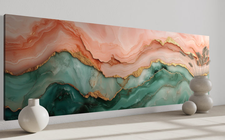 Horizontal canvas wall art with abstract sage green and blush pink marble patterns and gold veins.