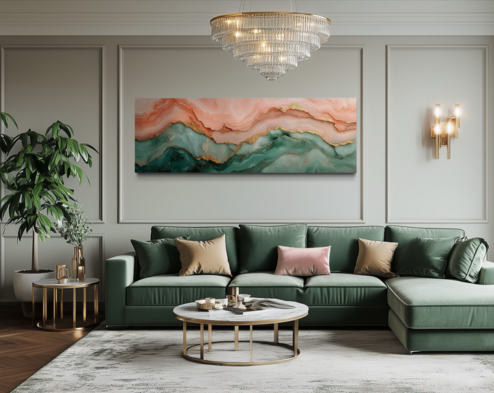 Sage Green And Blush Pink Abstract Marble Horizontal Above Bed Canvas Wall Art