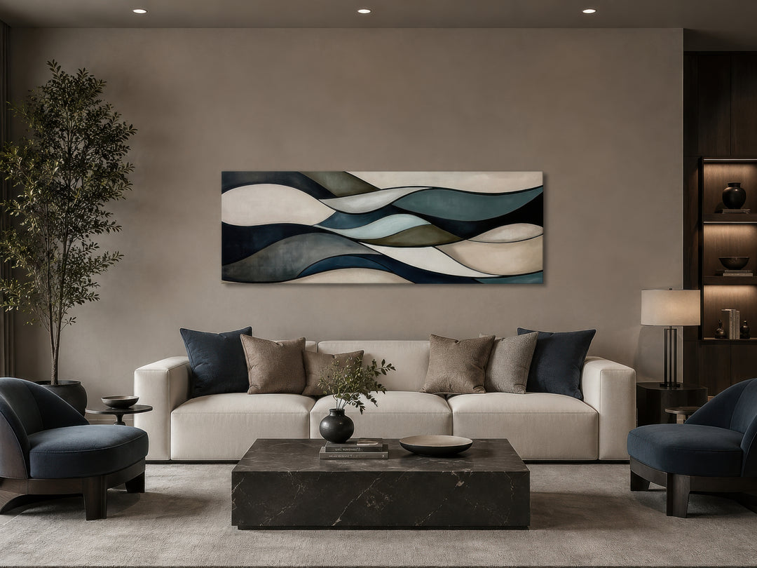 Sage green and brown modern abstract horizontal framed wall art hanging above a sofa in a room.