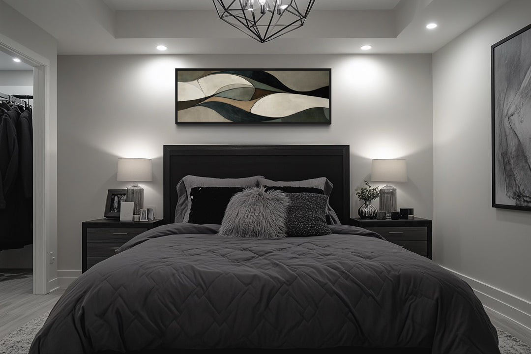 Sage Green Brown Modern Abstract Horizontal Above Bed Framed Wall Art