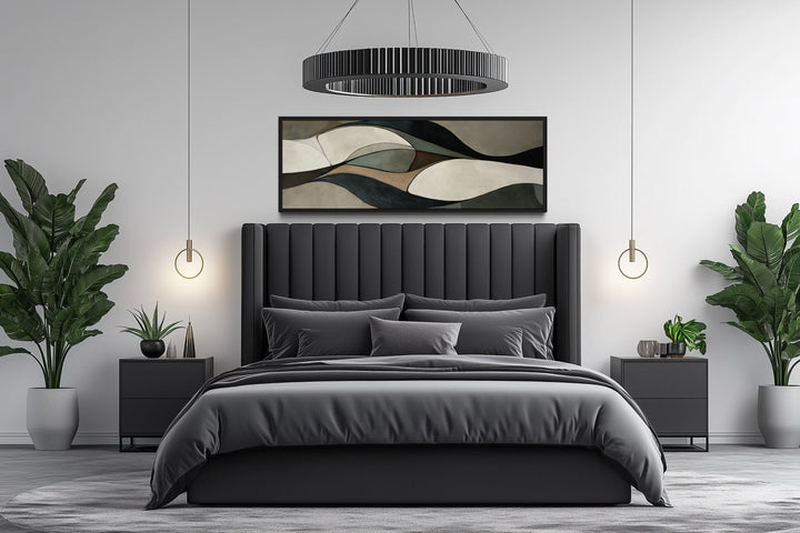 Sage Green Brown Modern Abstract Horizontal Above Bed Framed Wall Art