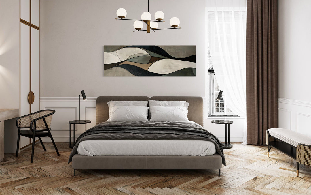 Sage Green Brown Modern Abstract Horizontal Above Bed Framed Wall Art