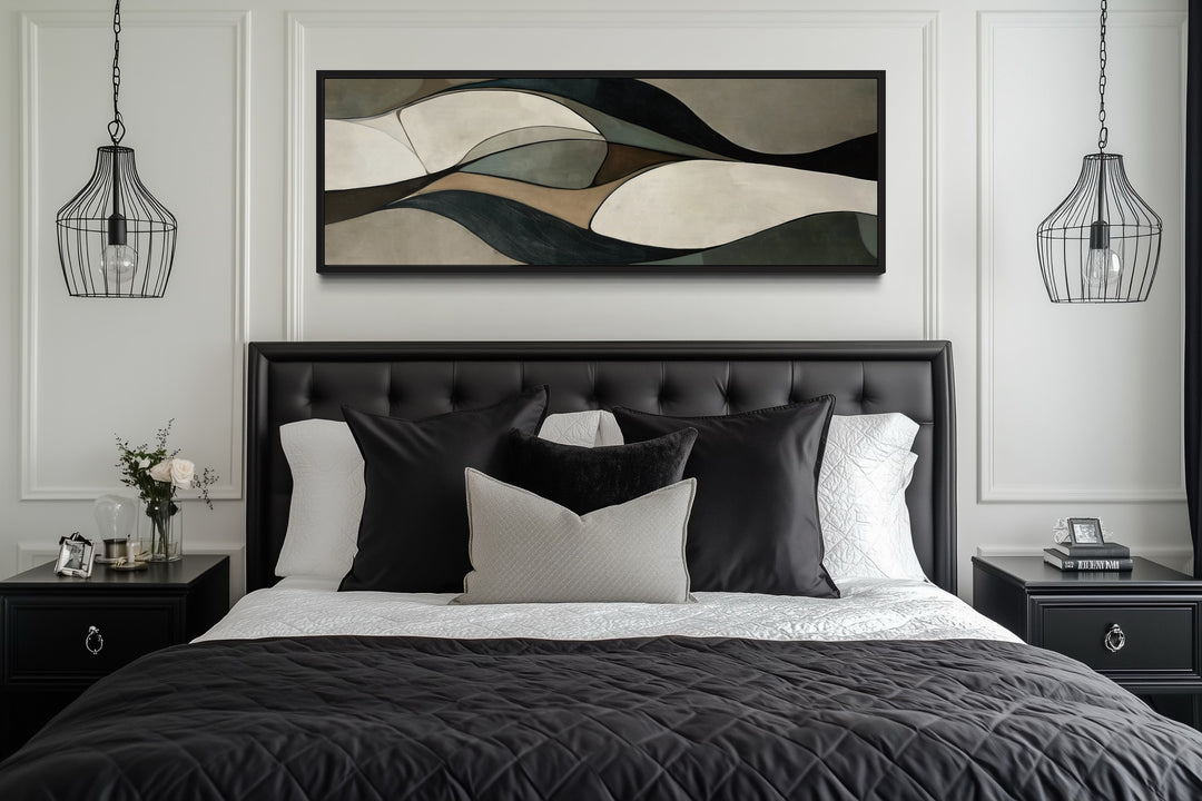 Sage Green Brown Modern Abstract Horizontal Above Bed Framed Wall Art