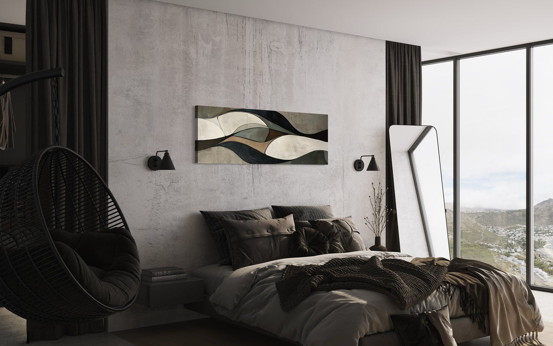 Sage Green Brown Modern Abstract Horizontal Above Bed Framed Wall Art