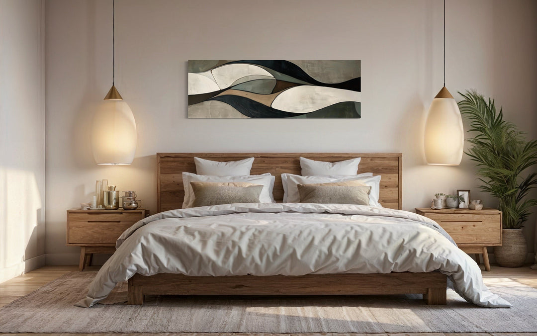 Sage Green Brown Modern Abstract Horizontal Above Bed Framed Wall Art