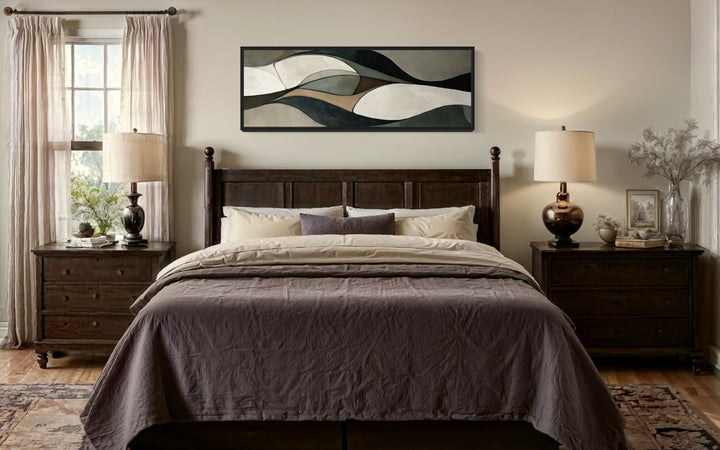 Sage Green Brown Modern Abstract Horizontal Above Bed Framed Wall Art