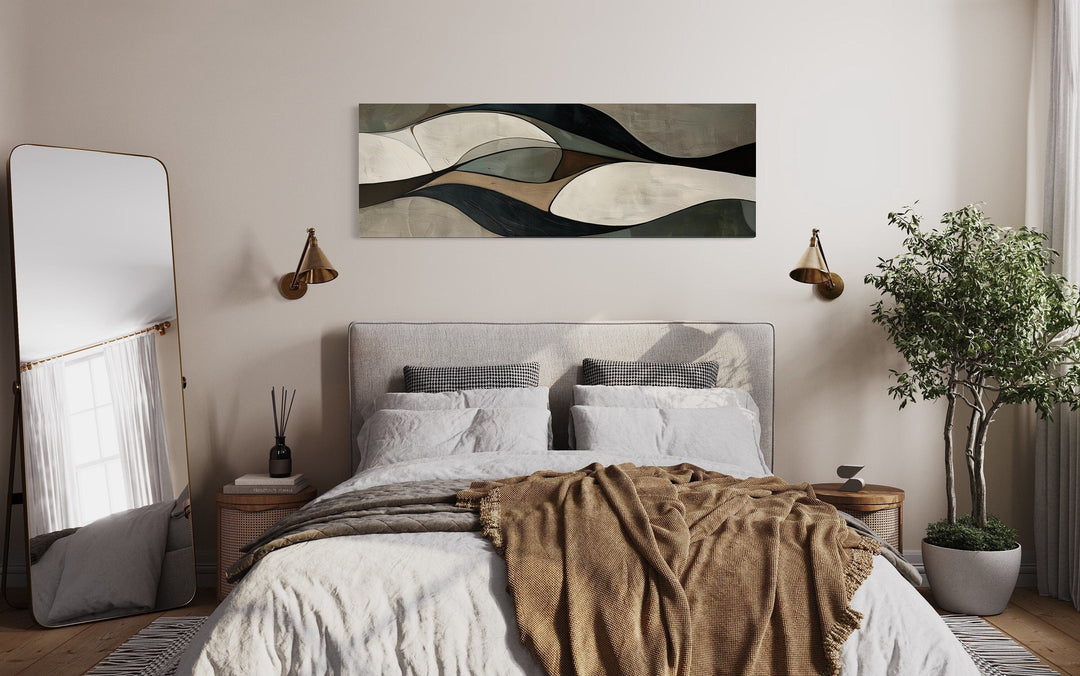 Sage Green Brown Modern Abstract Horizontal Above Bed Framed Wall Art