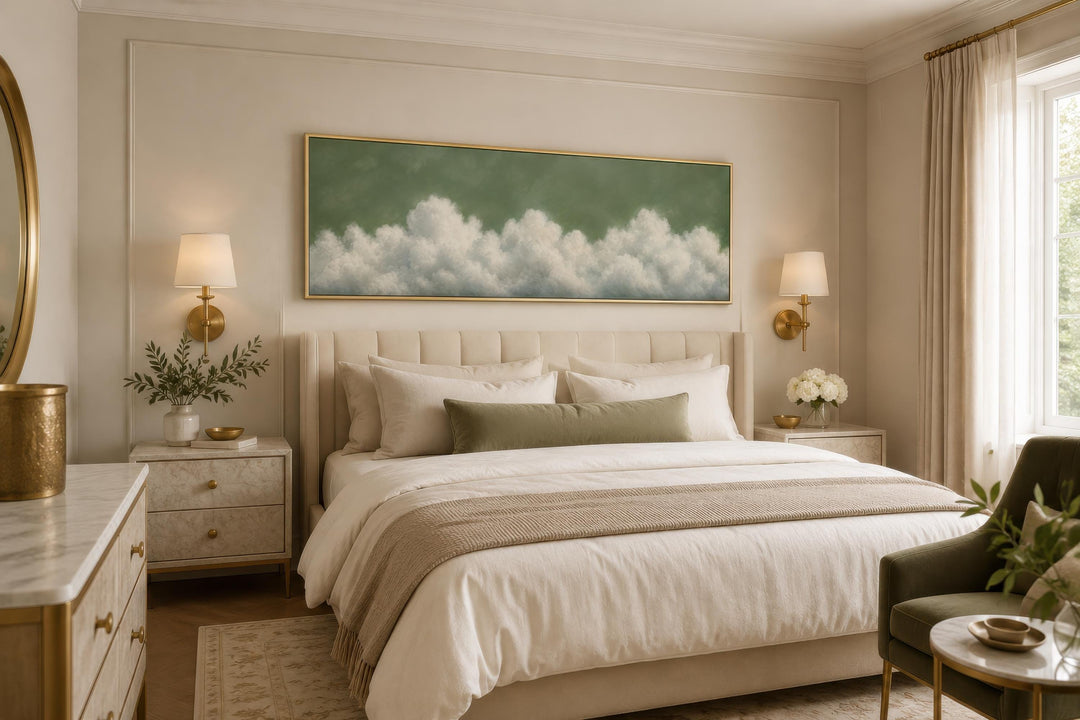 Sage green long narrow canvas wall art featuring soft white clouds above a neutral upholstered bed.