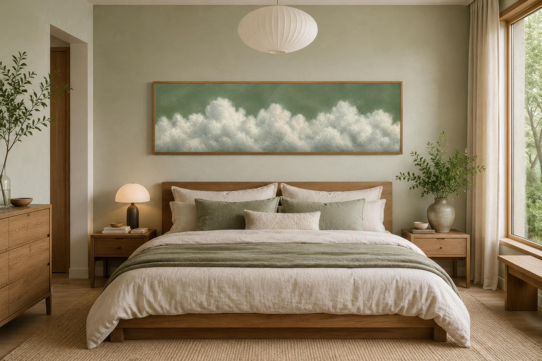 Sage green long narrow canvas wall art featuring soft white clouds hanging above a wooden bed.