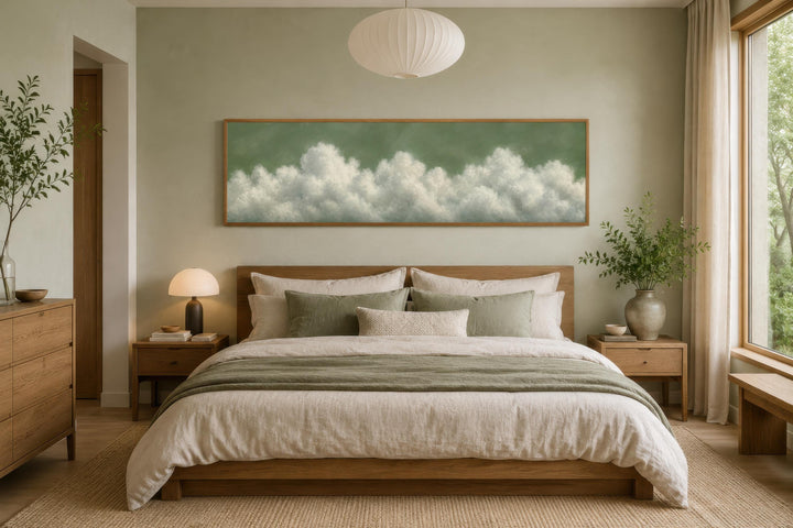 Sage green long narrow canvas wall art featuring soft white clouds hanging above a wooden bed.