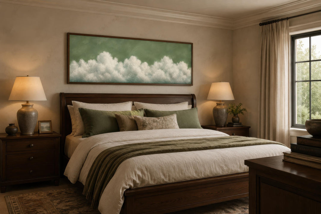 Sage green long narrow canvas wall art with soft white clouds hanging above a wooden bed frame.