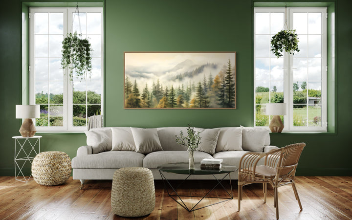 Sage Green Foggy Fir Tree Forest Framed Canvas Wall Art