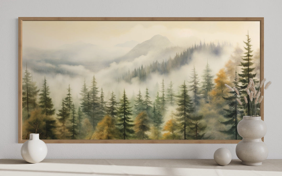 Sage Green Foggy Fir Tree Forest Framed Canvas Wall Art