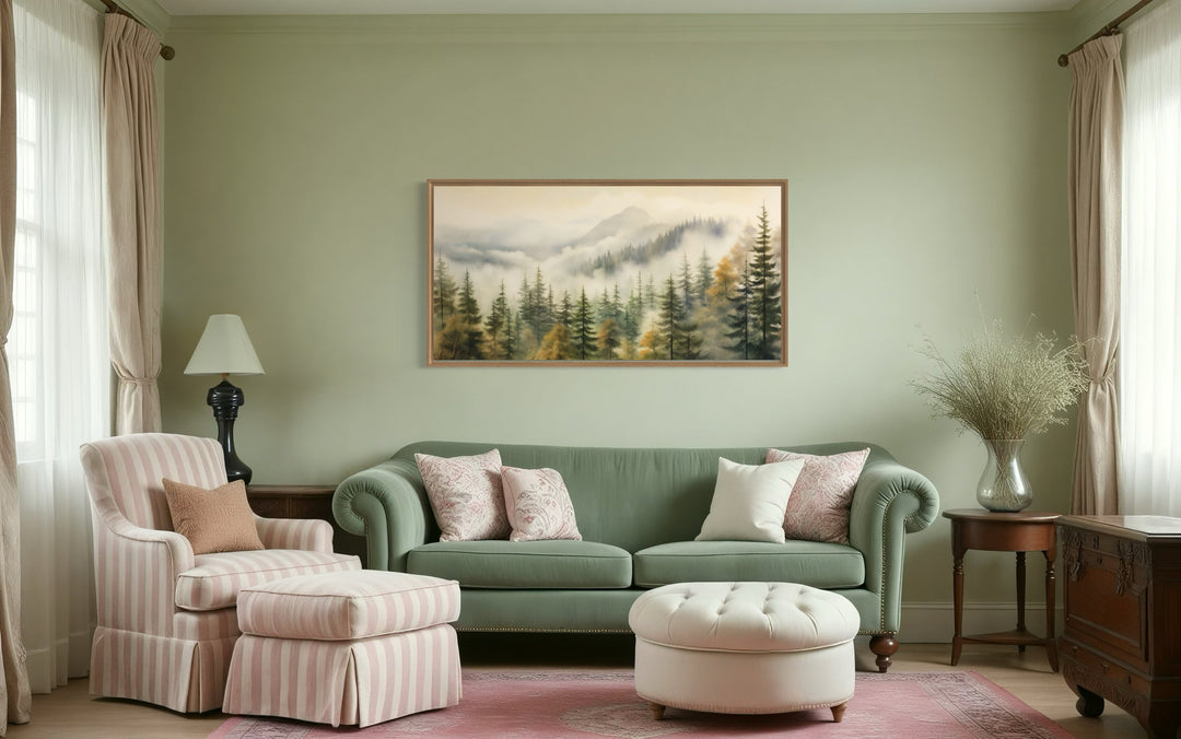 Sage Green Foggy Fir Tree Forest Framed Canvas Wall Art