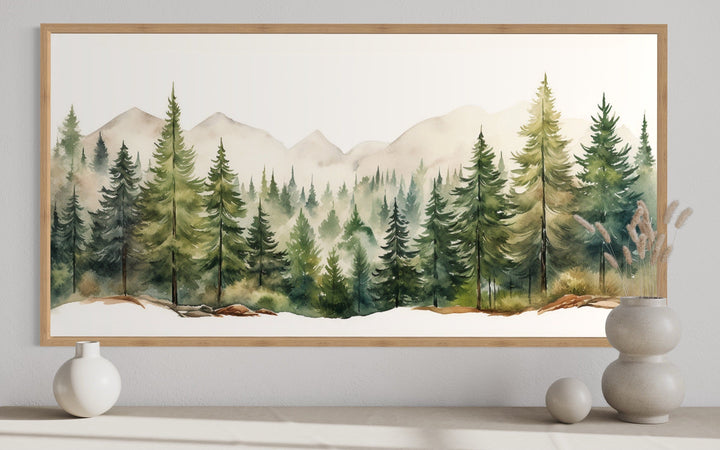 Sage Green Forest Mountain Landscape Framed Canvas Wall Art