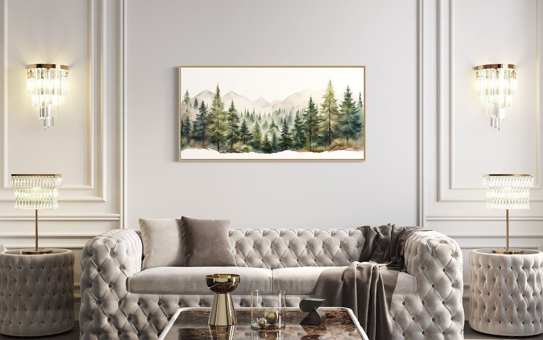 Sage Green Forest Mountain Landscape Framed Canvas Wall Art