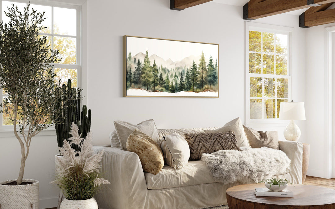 Sage Green Forest Mountain Landscape Framed Canvas Wall Art