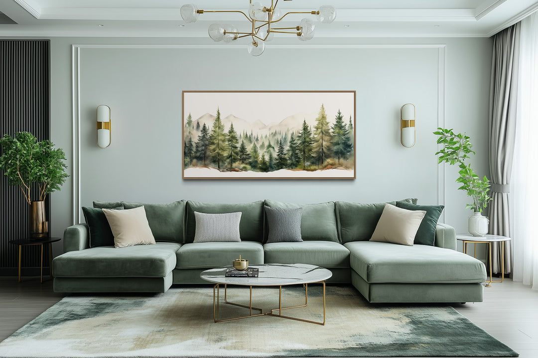 Sage Green Forest Mountain Landscape Framed Canvas Wall Art