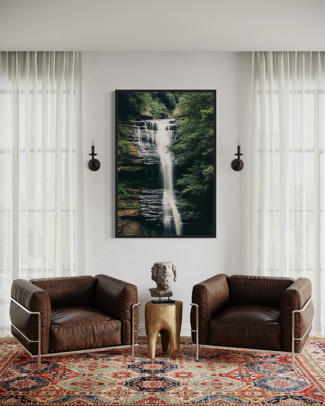 Sage Green Forest Waterfall Nature Landscape Wall Art