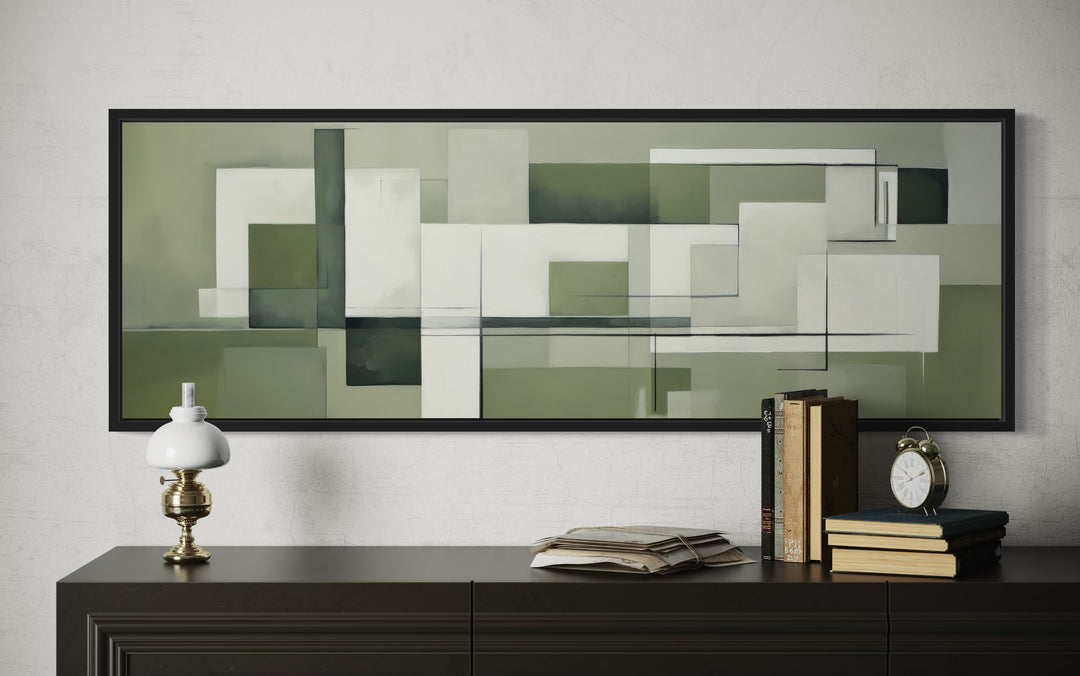 Sage Green Geometric Bauhaus Above Bed Long Horizontal Wall Art