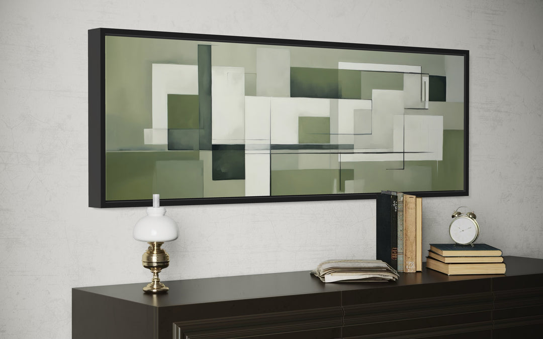 Sage Green Geometric Bauhaus Above Bed Long Horizontal Wall Art