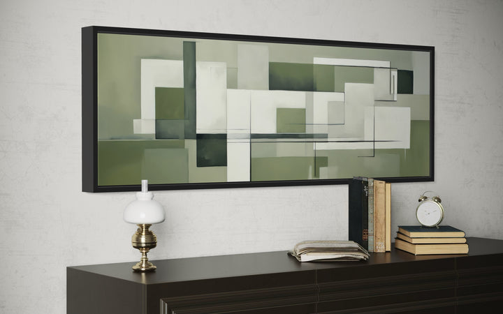 Sage Green Geometric Bauhaus Above Bed Long Horizontal Wall Art