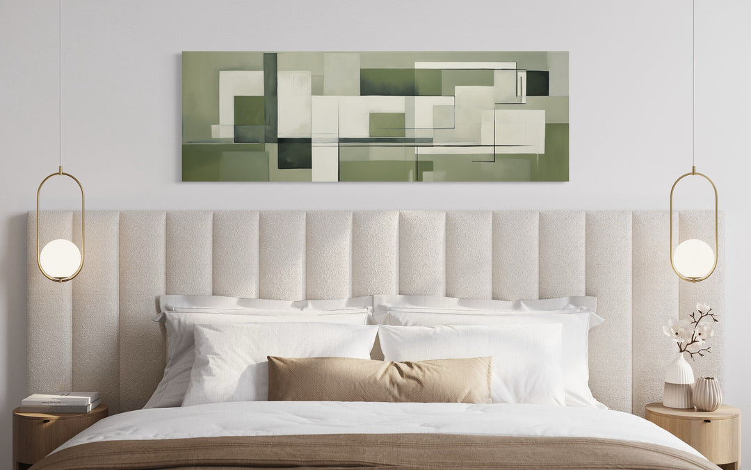 Sage Green Geometric Bauhaus Above Bed Long Horizontal Wall Art