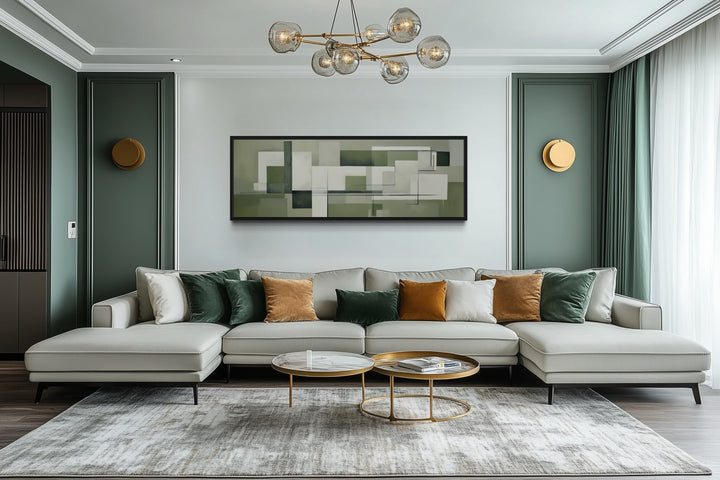 Sage Green Geometric Bauhaus Above Bed Long Horizontal Wall Art