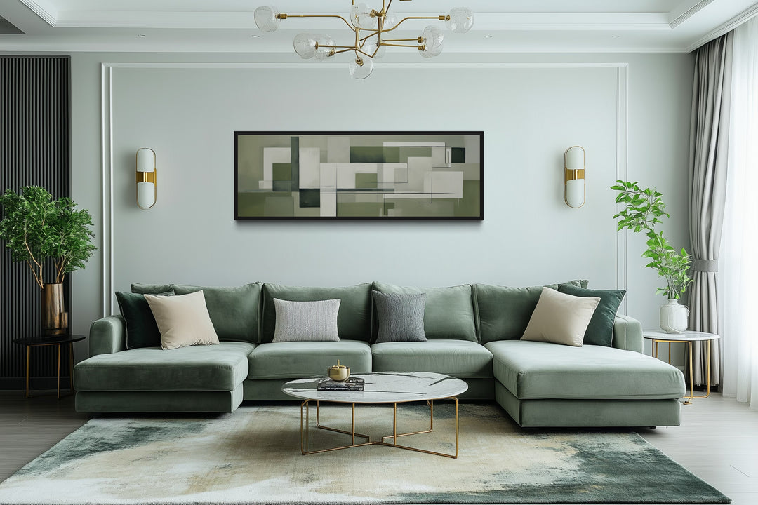 Sage Green Geometric Bauhaus Above Bed Long Horizontal Wall Art