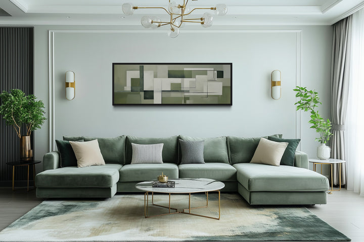 Sage Green Geometric Bauhaus Above Bed Long Horizontal Wall Art