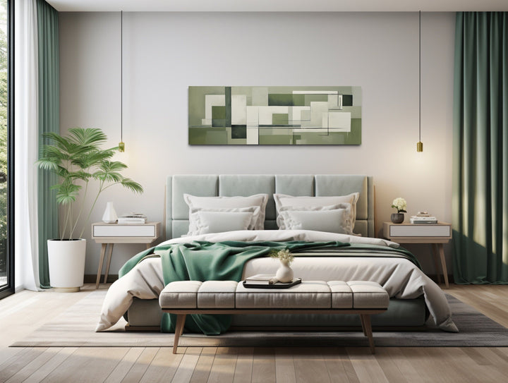 Sage Green Geometric Bauhaus Above Bed Long Horizontal Wall Art