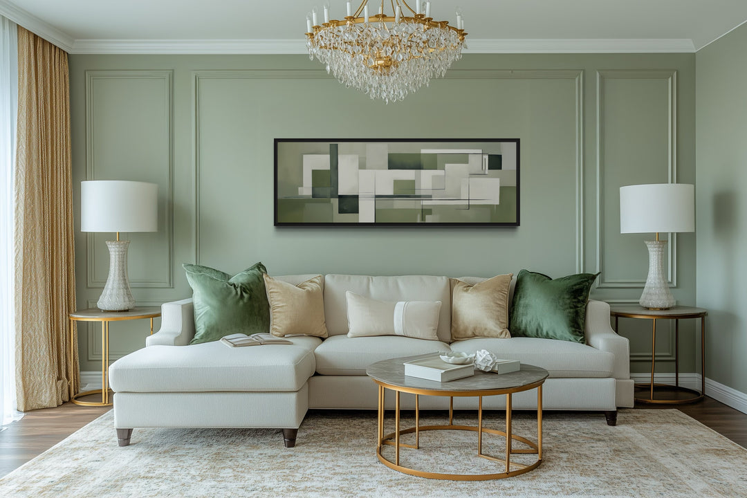 Sage Green Geometric Bauhaus Above Bed Long Horizontal Wall Art