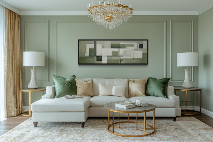 Sage Green Geometric Bauhaus Above Bed Long Horizontal Wall Art