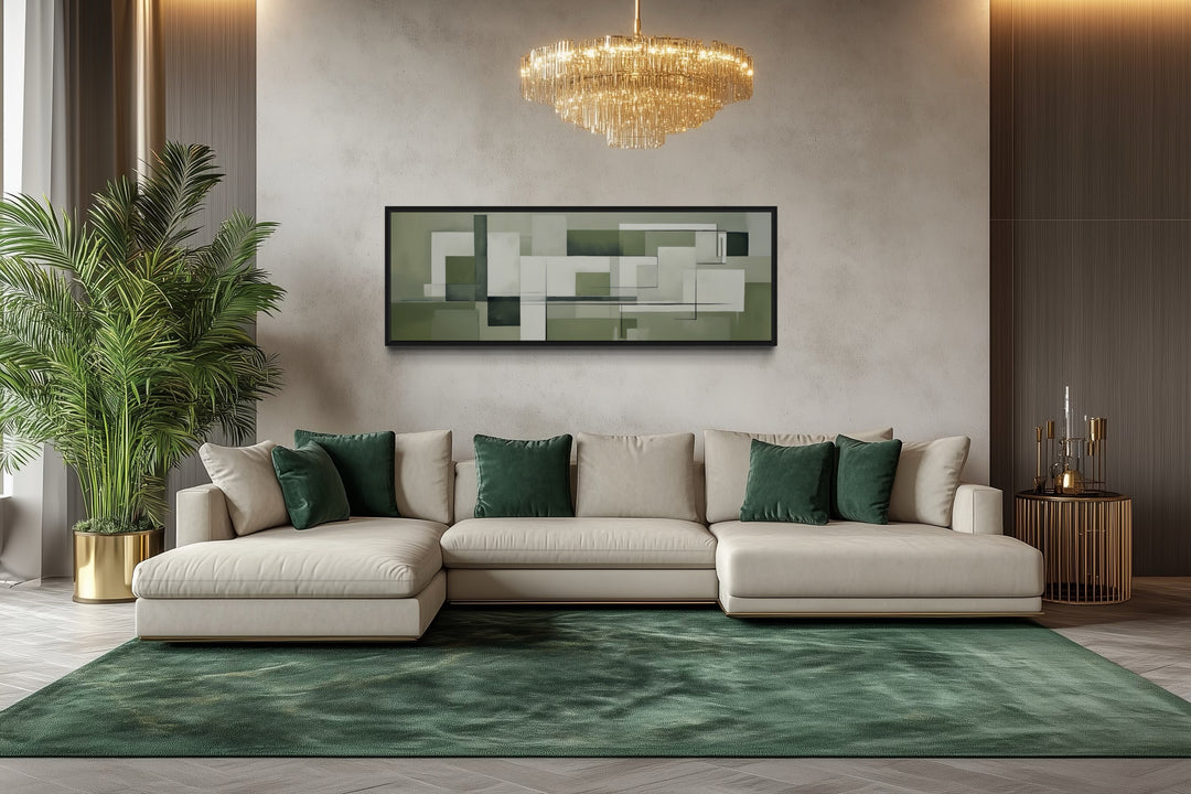 Sage Green Geometric Bauhaus Above Bed Long Horizontal Wall Art