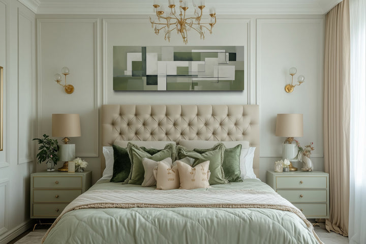 Sage Green Geometric Bauhaus Above Bed Long Horizontal Wall Art