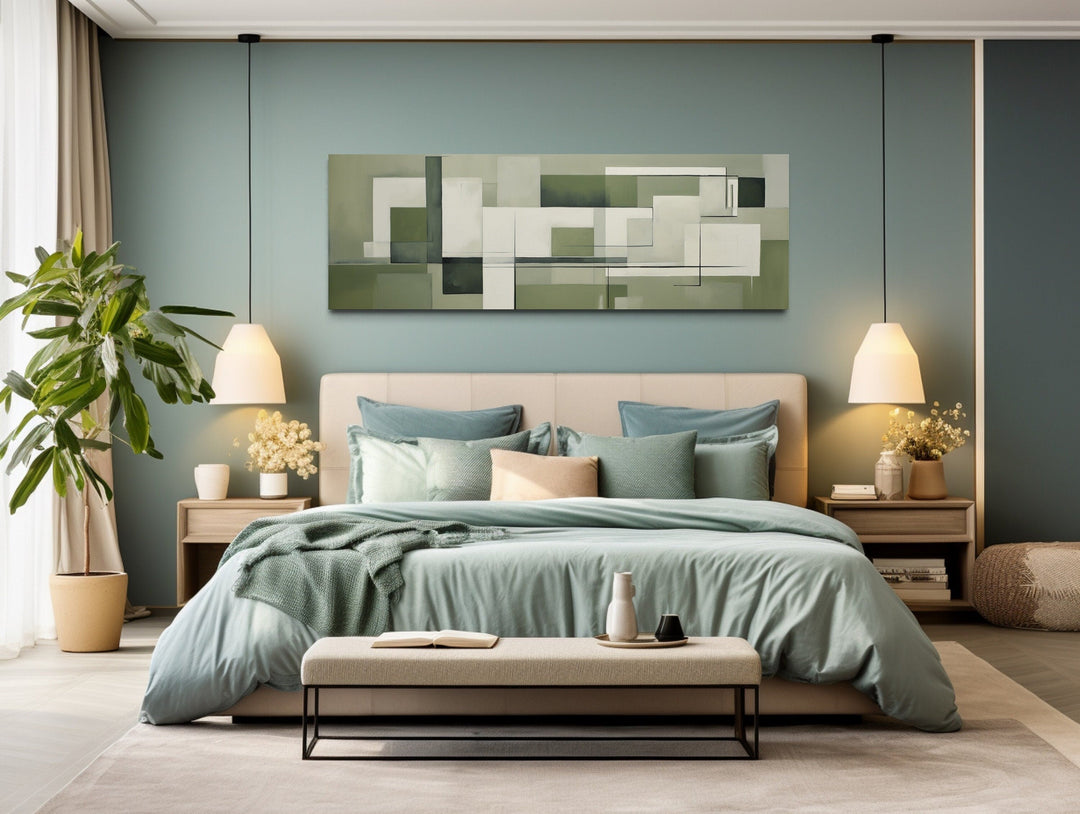 Sage Green Geometric Bauhaus Above Bed Long Horizontal Wall Art