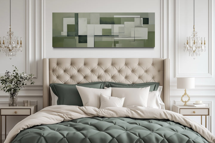 Sage Green Geometric Bauhaus Above Bed Long Horizontal Wall Art
