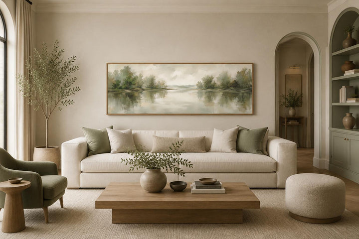 Sage green lake reflection landscape canvas print above a sofa in a neutral living room.