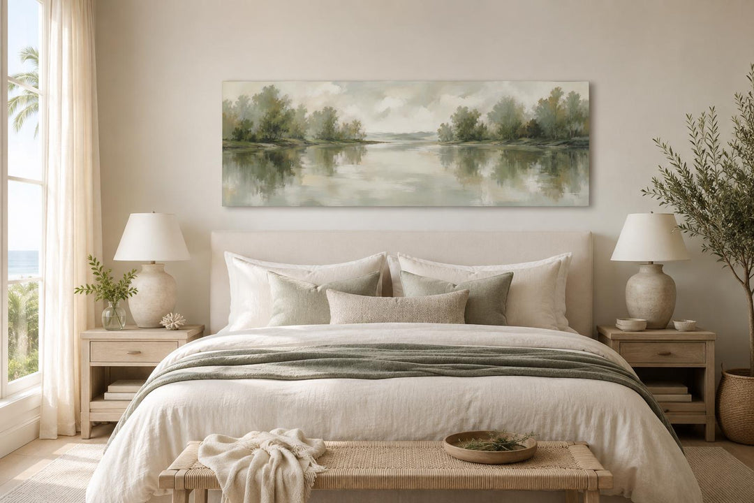 Sage green lake reflection landscape canvas print hanging above a bed in a neutral bedroom.