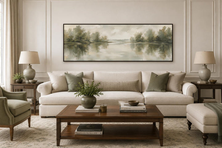 Sage green lake reflection landscape canvas print hanging above a sofa in a neutral living room.