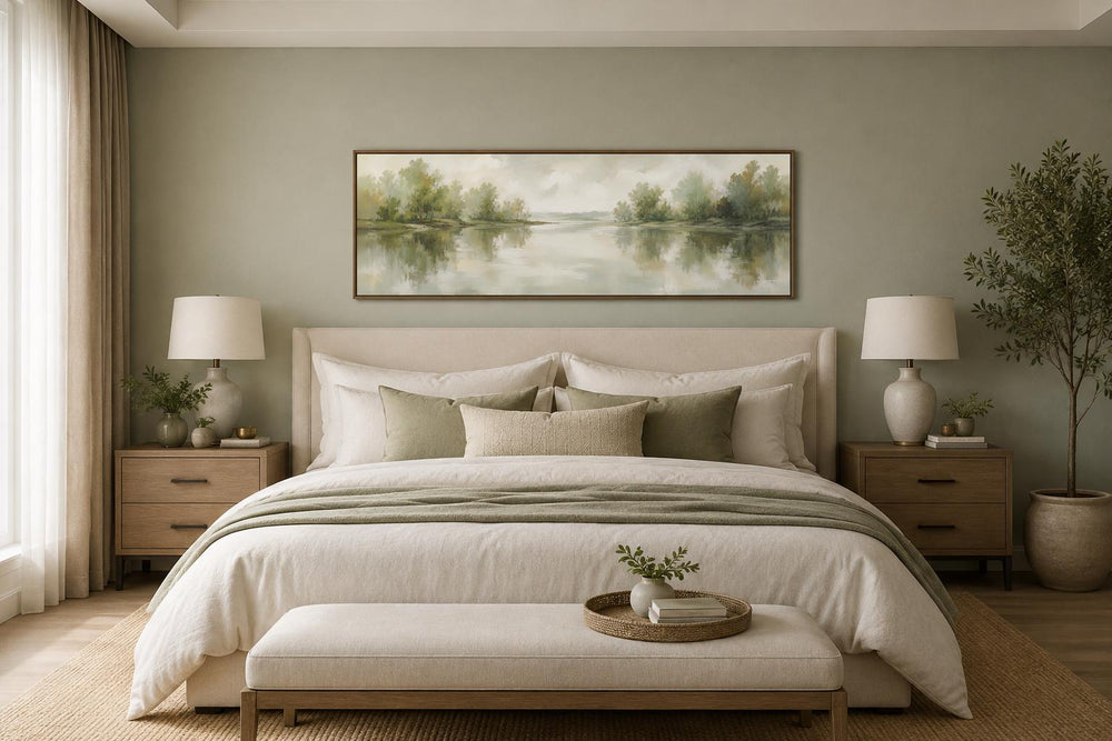Sage green lake reflection landscape canvas print hanging above a bed in a neutral bedroom.